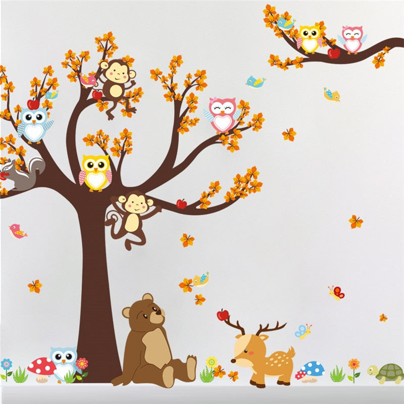 Forest Tree Branch leaf Animal Cartoon Owl Monkey Bear Deer Wall Stickers For Kids Rooms Boys Girls Children Bedroom Home Decor