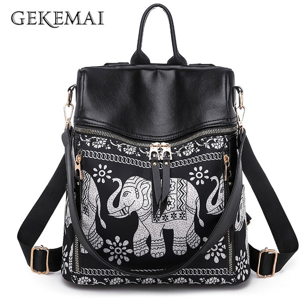 Fashion Anti-theft Women Elephant Print Backpacks Ladies Large Capacity Shoulder Bags Waterproof Oxford and PU School Travel Bag