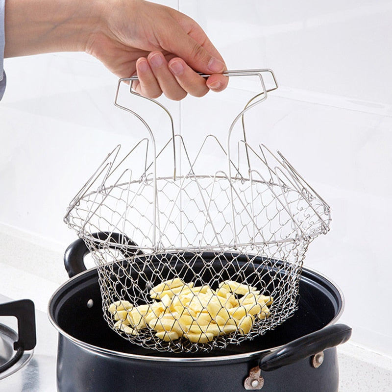 Foldable Steam Rinse Strain Stainless Steel Folding Frying Basket Colander Sieve Mesh Strainer Kitchen Cooking Tools Accessories