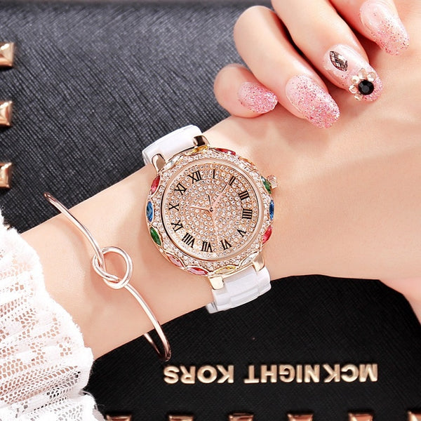2019 Fashion Brand Ceramic Women Bracelets Watches Luxury Lady Colorful Rhinestone Wristwatch Full Diamond Crystal Dress Watch
