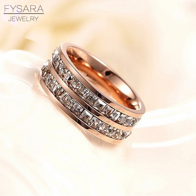 FYSARA Single Double Row Austrian Crystals Square Rings for Women Jewelry Titanuim Steel Rose Gold Zirconia Luxury Love Rings