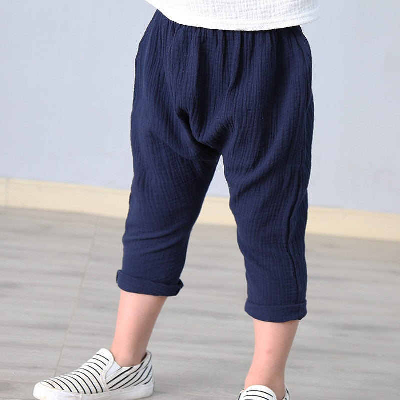 New 2-7y 2022 Summer Solid Color Linen Pleated Children Ankle-length Pants for Baby Boys Pants Harem Pants for Kids Child