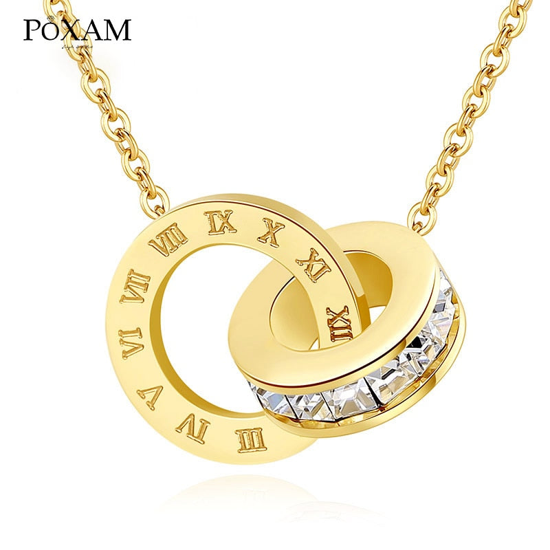 POXAM Luxury Elegant Crystal Choker Fashion Roman Digital Stainless Steel Gold Silver Color Pendant Necklaces for Women Jewelry