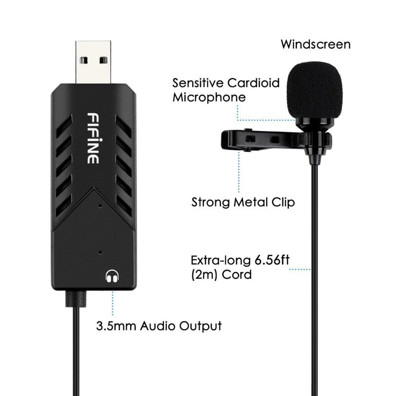 FIFINE Lavalier  Clip-on Cardioid Condenser Computer mic plug and play USB Microphone With Sound Card for PC and Mac -K053