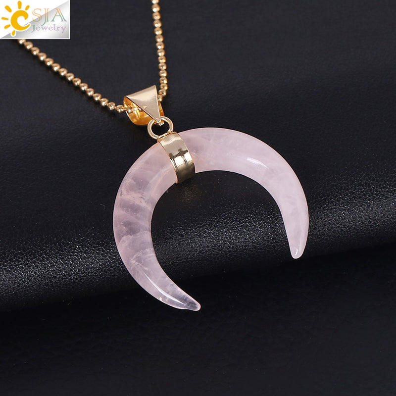 CSJA Natural Stones Crescent Moon Necklaces Pendants Purple Crystal Pink Quartz White Stone Gold Color Reiki Women F306