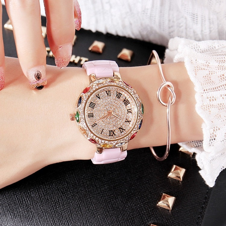 2019 Fashion Brand Ceramic Women Bracelets Watches Luxury Lady Colorful Rhinestone Wristwatch Full Diamond Crystal Dress Watch