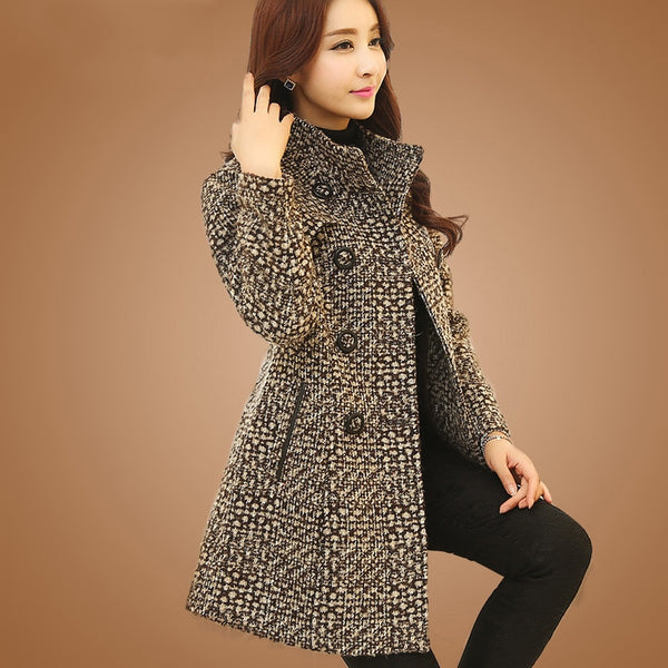 New Women&#39;s Wool Blends Coat Winter 2022 Autumn Fashion Elegant Mother Turtleneck Plaid Slim Long Tweed Woolen Outerwear Female