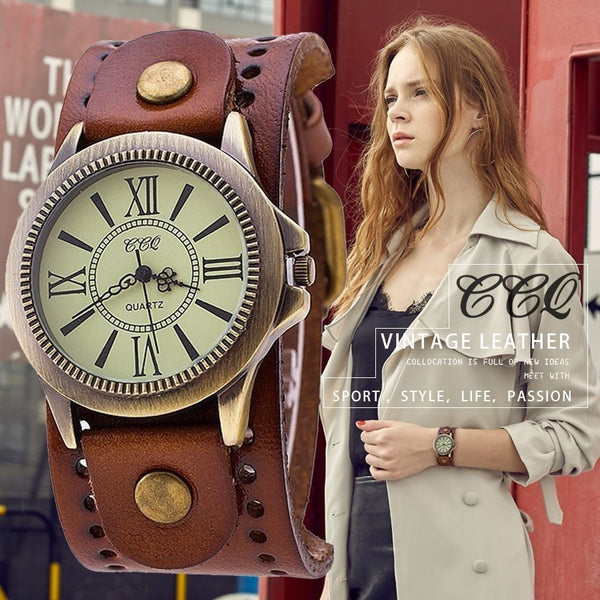 CCQ Brand Men Women Vintage Cow Leather Bracelet Wristwatches Casual Luxury Male Female Quartz Watch Relogio Masculino Relojes