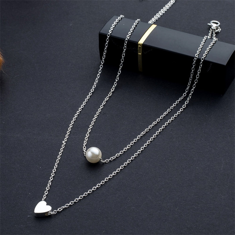 Hot Sale Fashion Sweet Double Layers Imitation Pearls Heart-shaped Droplets Pendants Necklaces Cheap Clavicle Jewelry For Women