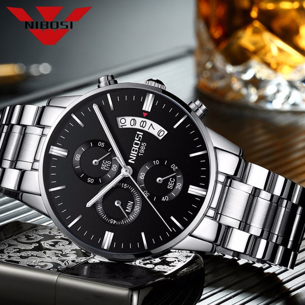 NIBOSI Men&#39;s Black Watches Dial Metal Band Luxury Famous Top Brand Men Fashion Casual Dress Military Quartz Silver Wristwatches