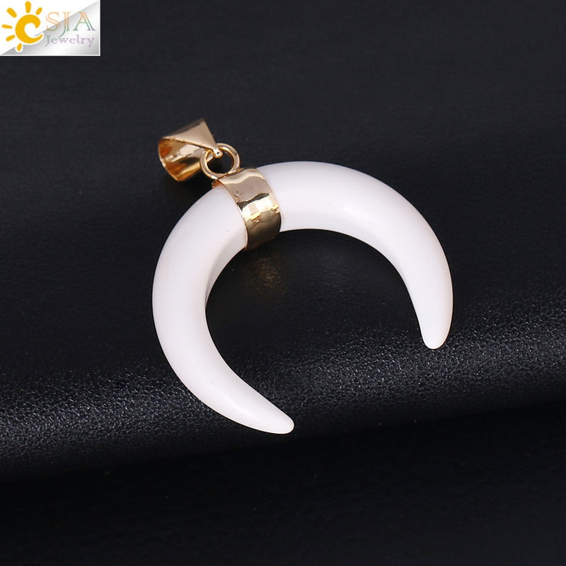 CSJA Natural Stones Crescent Moon Necklaces Pendants Purple Crystal Pink Quartz White Stone Gold Color Reiki Women F306