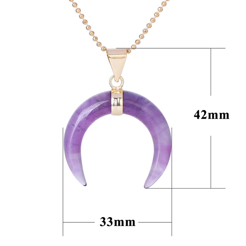 CSJA Natural Stones Crescent Moon Necklaces Pendants Purple Crystal Pink Quartz White Stone Gold Color Reiki Women F306