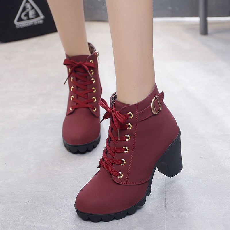 Ankle boots women 2022 new elegant square heel shoes woman high heel solid color vintage women boots lace-up women shoes