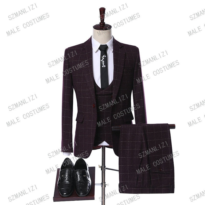 2020 Classic Business Plaid Men Suits New Design Custom Made Slim Fit 3 Pieces Wedding Suits For Men Dinner Party Groom Tuxedo