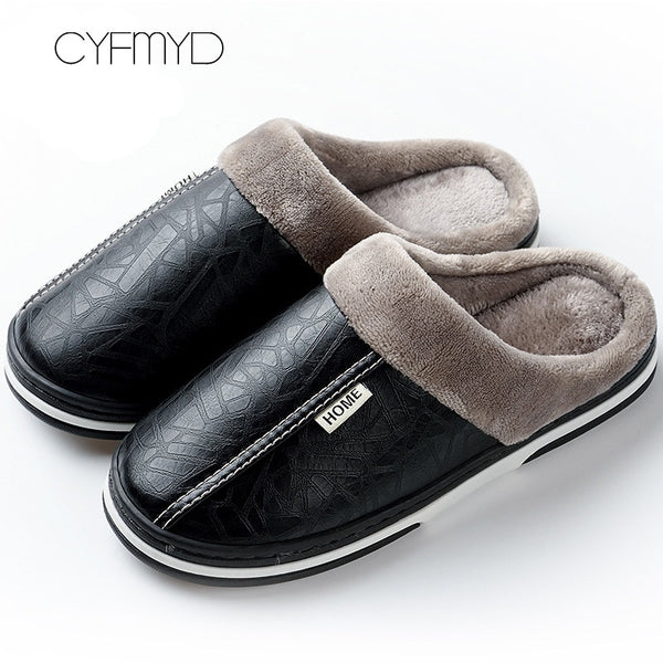 Men&#39;s Slippers Home Winter Indoor Warm Shoes Thick Bottom Plush  Waterproof Leather House Slippers Man Cotton Shoes 2022 New