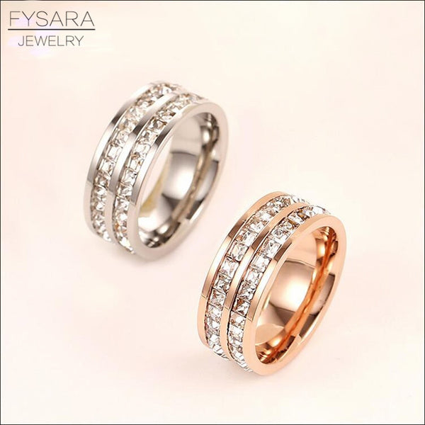 FYSARA Single Double Row Austrian Crystals Square Rings for Women Jewelry Titanuim Steel Rose Gold Zirconia Luxury Love Rings