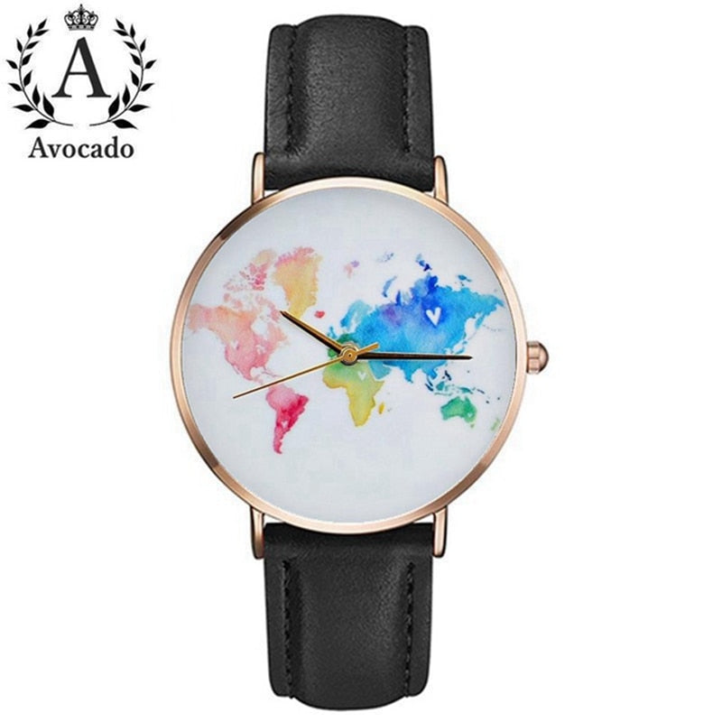 Fashion Elegant Romantic Women Watches World Map Travel Leather Watchband Ladies Quartz Wristwatches Gifts For Girls