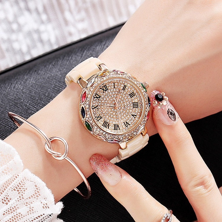 2019 Fashion Brand Ceramic Women Bracelets Watches Luxury Lady Colorful Rhinestone Wristwatch Full Diamond Crystal Dress Watch