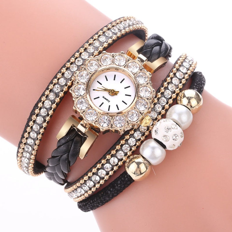 Luxury Gold Leather Watches For Women Pearls Dress Creative Watches Casual Women Bracelet Wristwatch Clock Gift Relogio Feminino