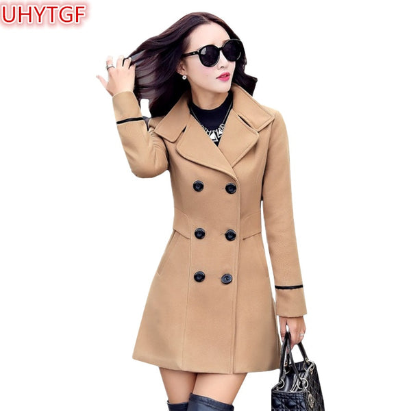 UHYTGF Autumn And Winter Wool Jacket Womens Clothing Medium Length Woolen Coats Slim Wild Elegant Female Korean Outerwear 3XL124