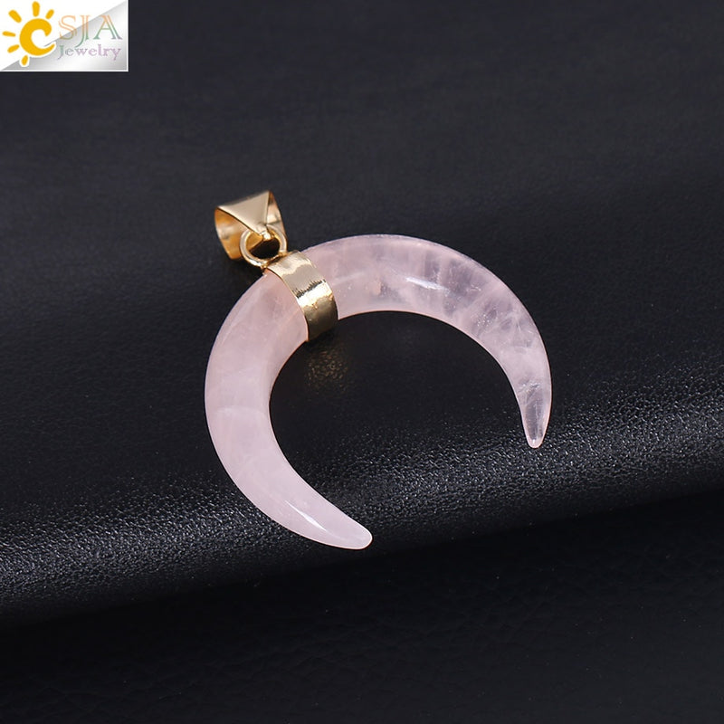 CSJA Natural Stones Crescent Moon Necklaces Pendants Purple Crystal Pink Quartz White Stone Gold Color Reiki Women F306