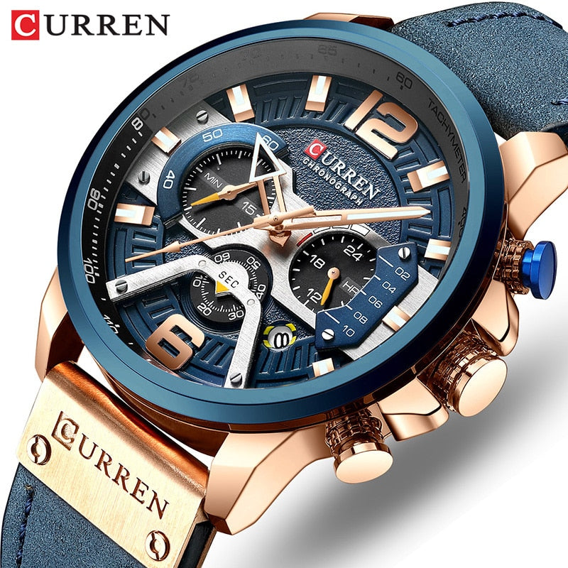 2021 CURREN Men Watches Top Brand Luxury Blue Leather Chronograph Sport Watch For Men Fashion Date Waterproof Clock Reloj Hombre