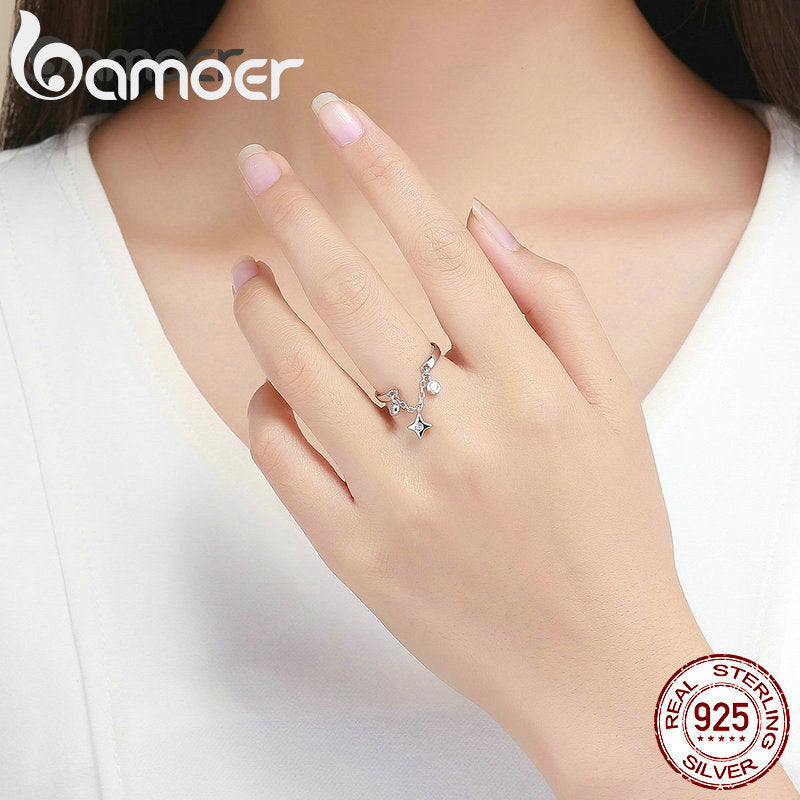 BAMOER Silver Rings 925 Stelring Silver Chain Ring for Women Clear CZ Star Ajudtable Rings Female Jewelry Wedding Gifts SCR408