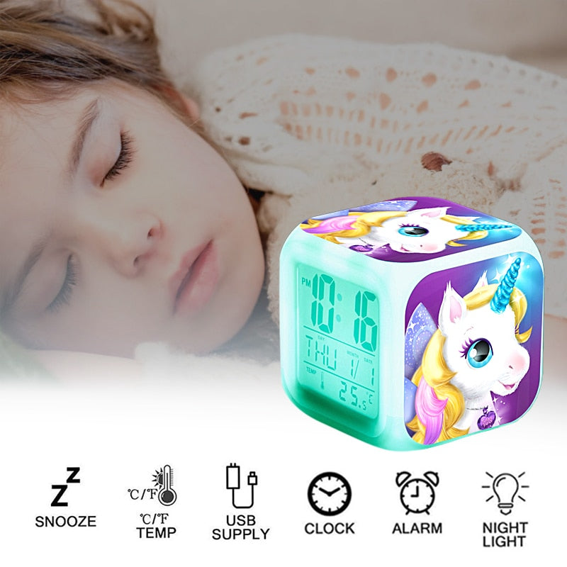 Children Cartoon Unicorn Alarm Clock 7 Led Night Light Desk Clocks Date Temperature despertador Unicornio Kids Birthday Gifts