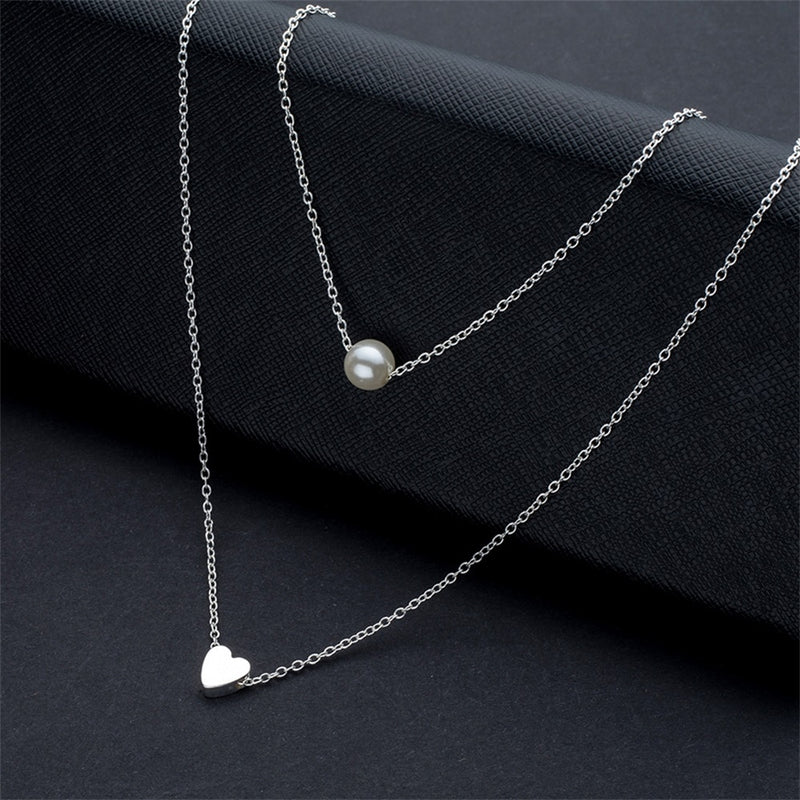 Hot Sale Fashion Sweet Double Layers Imitation Pearls Heart-shaped Droplets Pendants Necklaces Cheap Clavicle Jewelry For Women