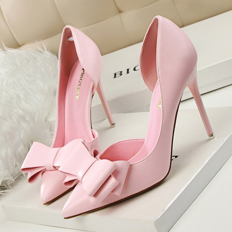 High Quality Women Pumps Sexy High Heels Wedding Shoes Pointed Toe Stiletto Bow Shoes Female 2018 Fashion Women Heel Shoes Pink