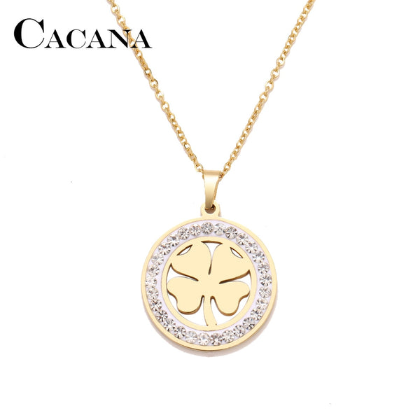 Cacana Stainless Steel Crystal Round Pendants Necklace Women Choker Jewelry Clover Trendy Necklaces Chain Valentine&#39;s Day