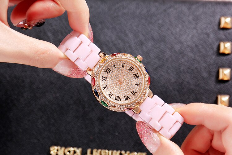 2019 Fashion Brand Ceramic Women Bracelets Watches Luxury Lady Colorful Rhinestone Wristwatch Full Diamond Crystal Dress Watch