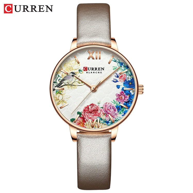 CURREN Women Quartz Watches Elegant Charming Wristwatch for Ladies Stianless Steel Mesh Band Flower Clock Female