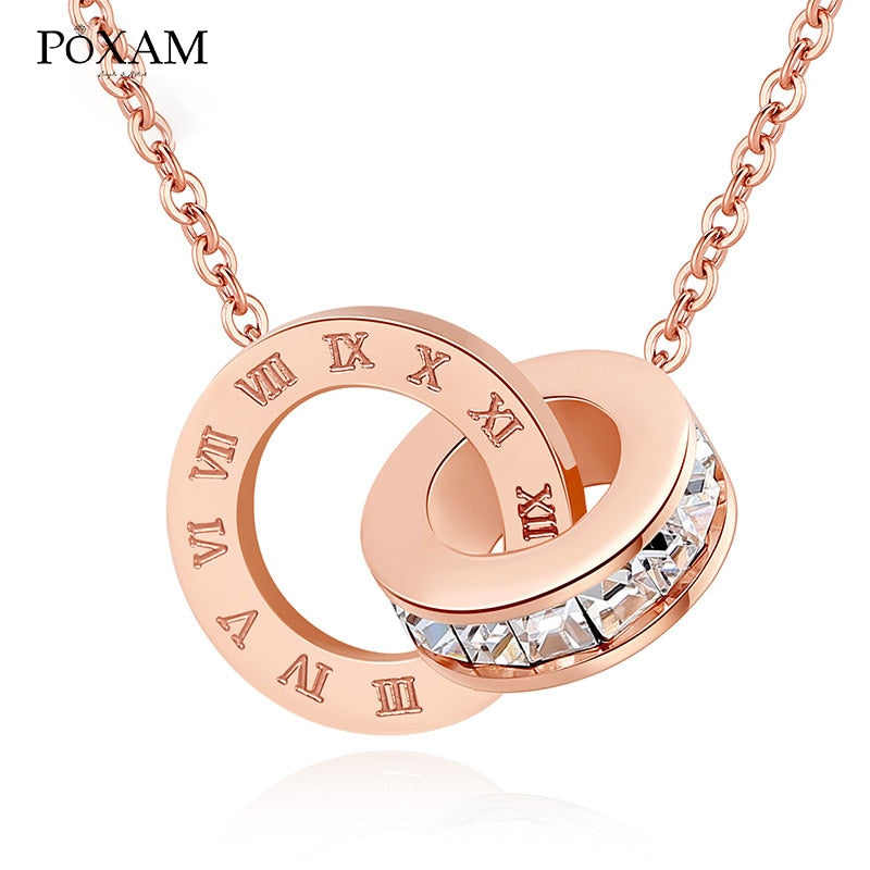 POXAM Luxury Elegant Crystal Choker Fashion Roman Digital Stainless Steel Gold Silver Color Pendant Necklaces for Women Jewelry