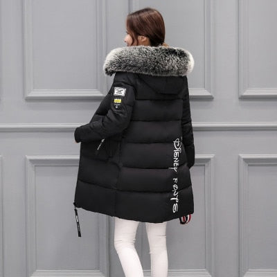 Women Winter Outwear Korean Big Fur Collar Down Cotton Parka Women Slim Mid-Long Fashion Overcoat Warm Thick Wadded Jacket Coat