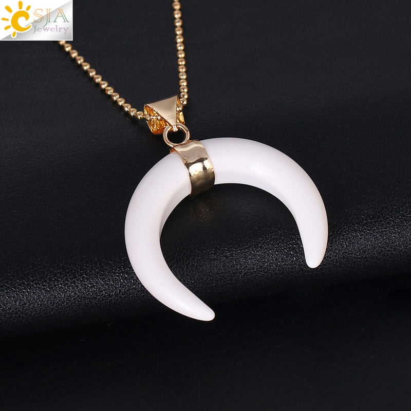 CSJA Natural Stones Crescent Moon Necklaces Pendants Purple Crystal Pink Quartz White Stone Gold Color Reiki Women F306