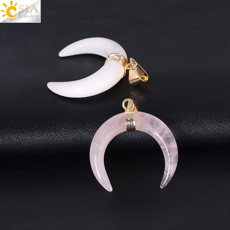 CSJA Natural Stones Crescent Moon Necklaces Pendants Purple Crystal Pink Quartz White Stone Gold Color Reiki Women F306