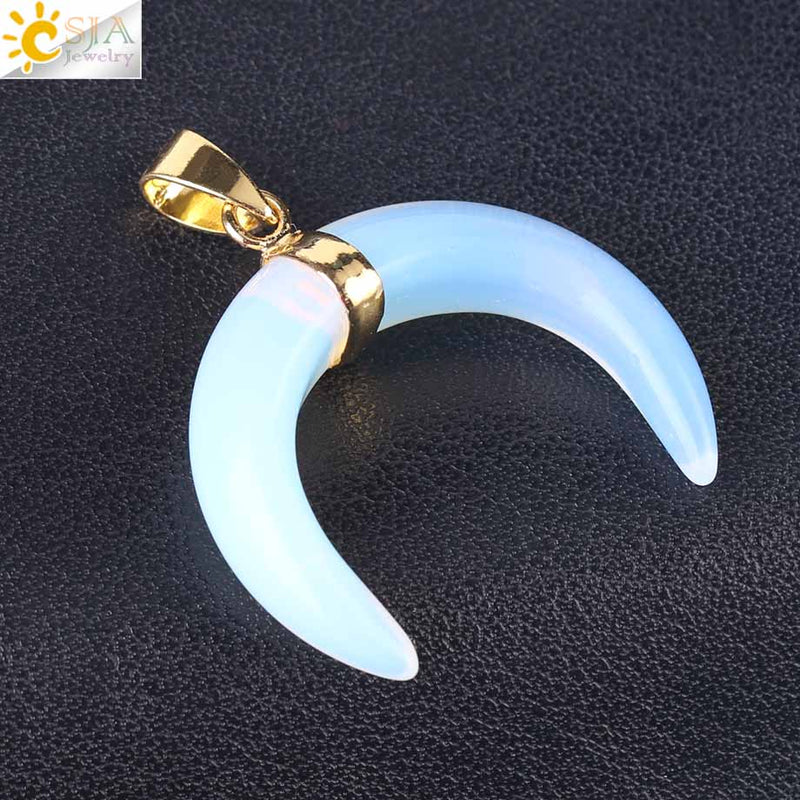 CSJA Natural Stones Crescent Moon Necklaces Pendants Purple Crystal Pink Quartz White Stone Gold Color Reiki Women F306