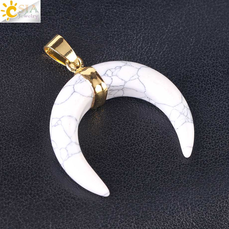 CSJA Natural Stones Crescent Moon Necklaces Pendants Purple Crystal Pink Quartz White Stone Gold Color Reiki Women F306