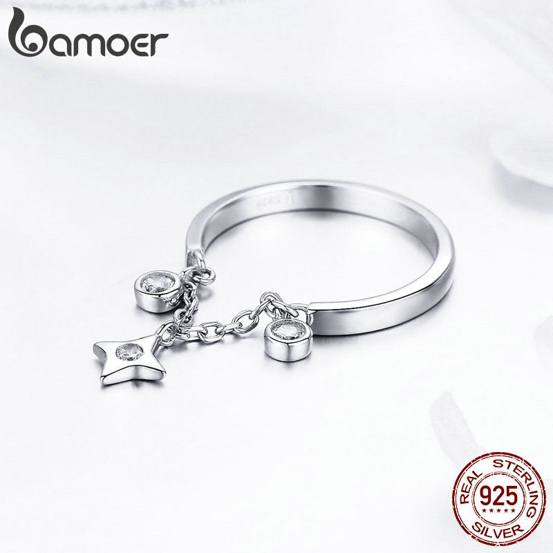 BAMOER Silver Rings 925 Stelring Silver Chain Ring for Women Clear CZ Star Ajudtable Rings Female Jewelry Wedding Gifts SCR408