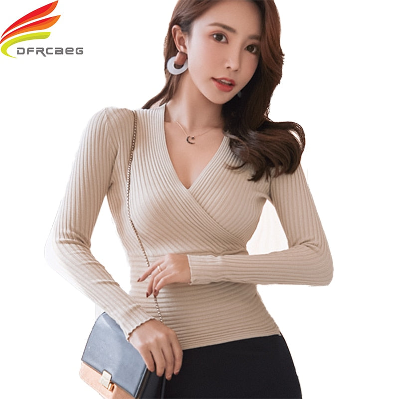 2022 New Sexy Deep V Neck Sweater Women's Pullover Casual Slim Bottoming Sweaters Female Elastic Cotton Long Sleeve Tops Femme