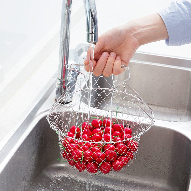 Foldable Steam Rinse Strain Stainless Steel Folding Frying Basket Colander Sieve Mesh Strainer Kitchen Cooking Tools Accessories