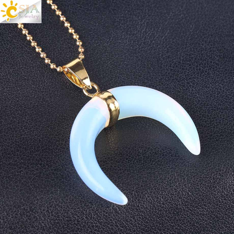 CSJA Natural Stones Crescent Moon Necklaces Pendants Purple Crystal Pink Quartz White Stone Gold Color Reiki Women F306