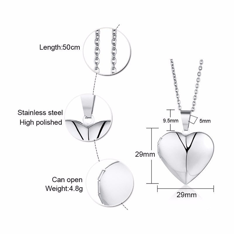 Vnox Light Heart Locket Pendants for Women Men Openable Photo Frame Glossy Stainless Steel Necklaces Family Love Collar