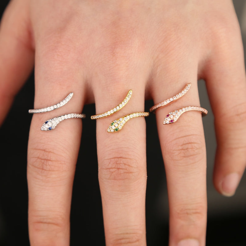 acero inoxidable joyeria mujer  stackable rings snake rings for women Gold Color clear CZ  Punk Rock Ring Animal Jewelry