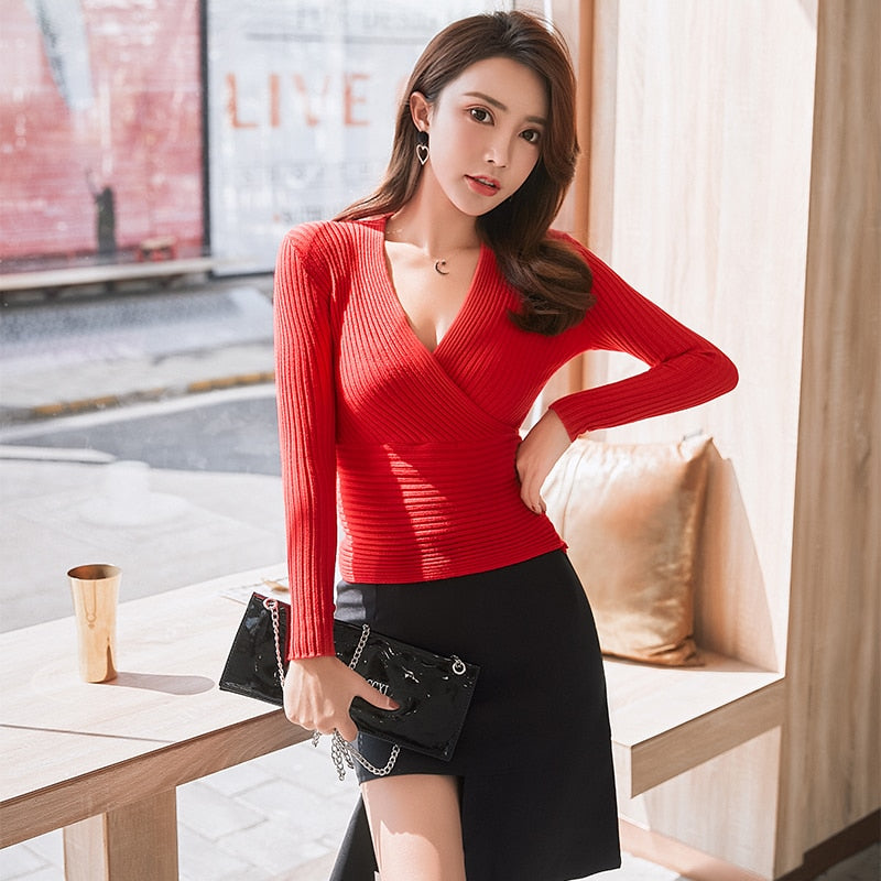 2022 New Sexy Deep V Neck Sweater Women's Pullover Casual Slim Bottoming Sweaters Female Elastic Cotton Long Sleeve Tops Femme