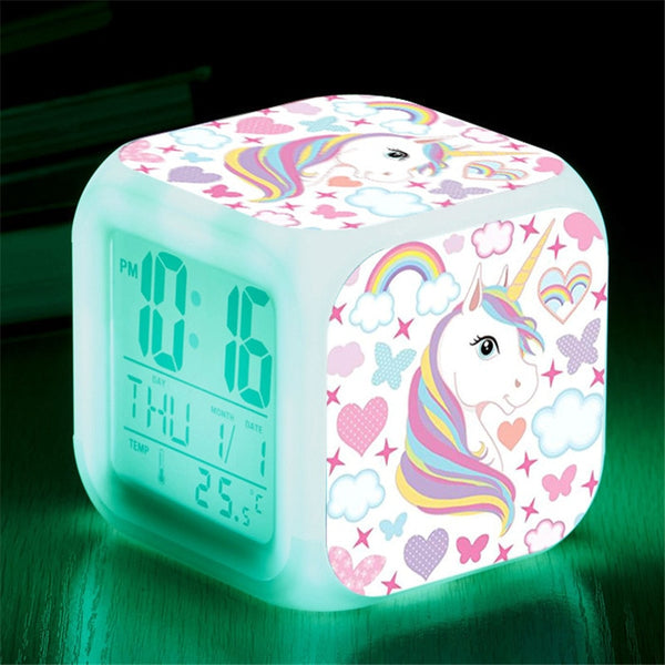 Children Cartoon Unicorn Alarm Clock 7 Led Night Light Desk Clocks Date Temperature despertador Unicornio Kids Birthday Gifts