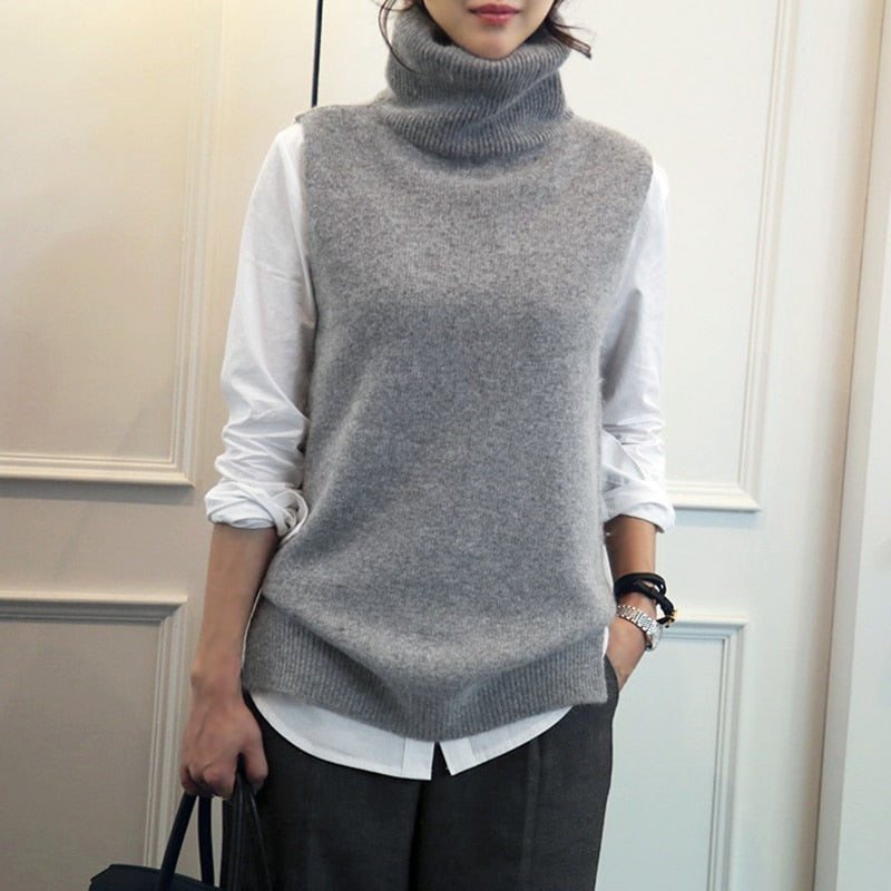 FRSEUCAG Best selling new women&#39;s knitted high-neck vest loose comfortable cashmere sweater sleeveless sweater women&#39;s pullover