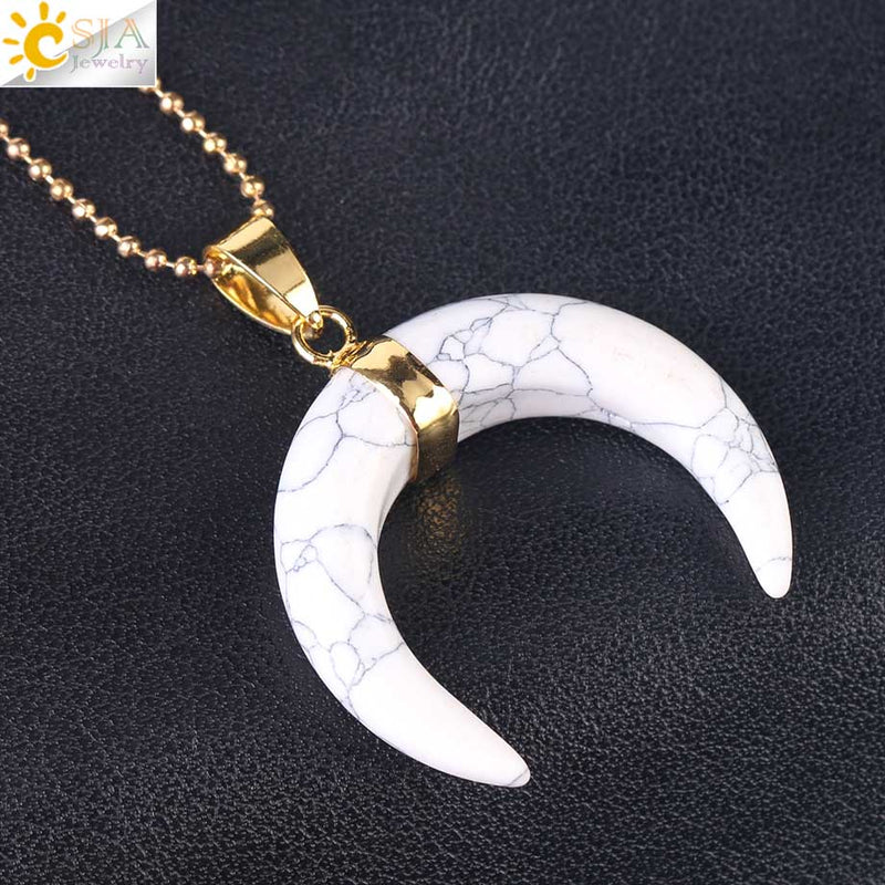 CSJA Natural Stones Crescent Moon Necklaces Pendants Purple Crystal Pink Quartz White Stone Gold Color Reiki Women F306