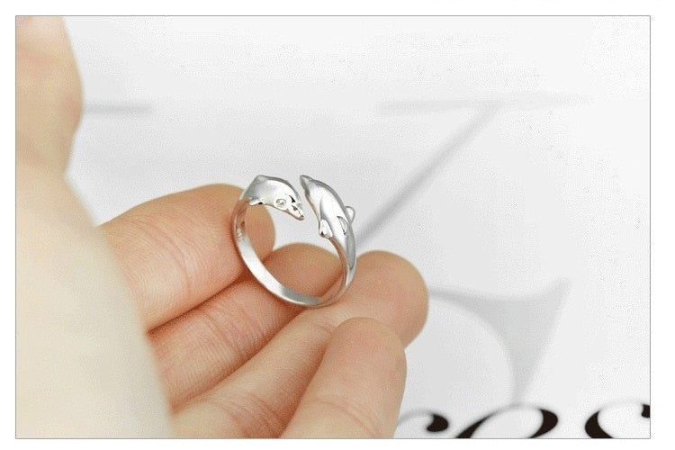 Silver Color  Jewelry Open Happy Double Dolphin Love Rings For Party Women Gift Adjustable Ring Anillos Bague VRS2196